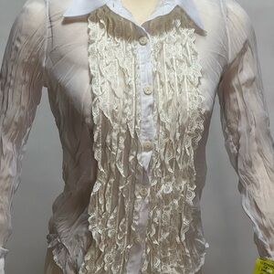 Rare Sharagano White Ruffled Long Sleeve Dress Shirt Size M